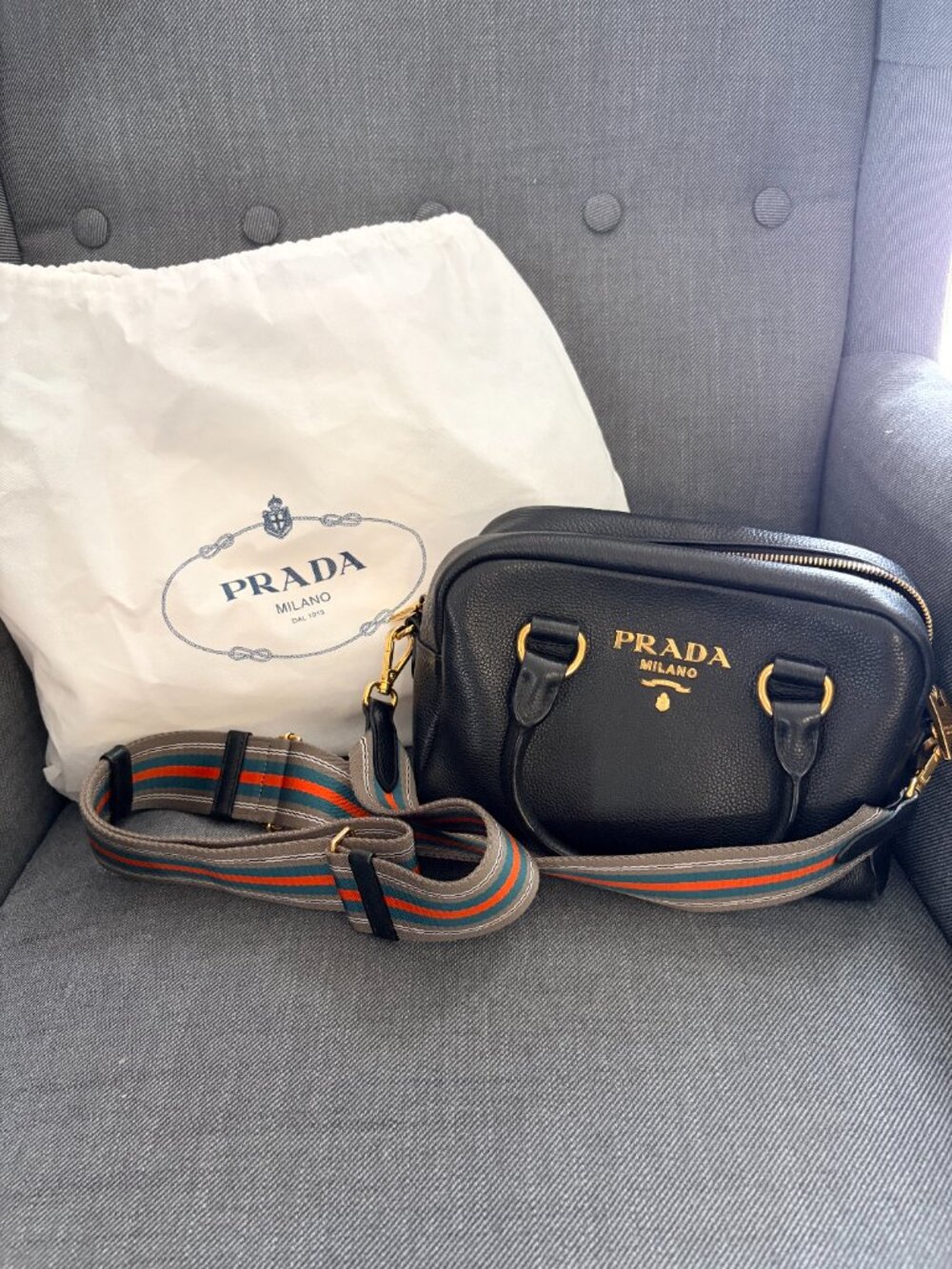 Prada Bauletto Vitello Phenix Black Leather Bag 1BB108 Dust Bag Auth Card Strap - Picture 15 of 16